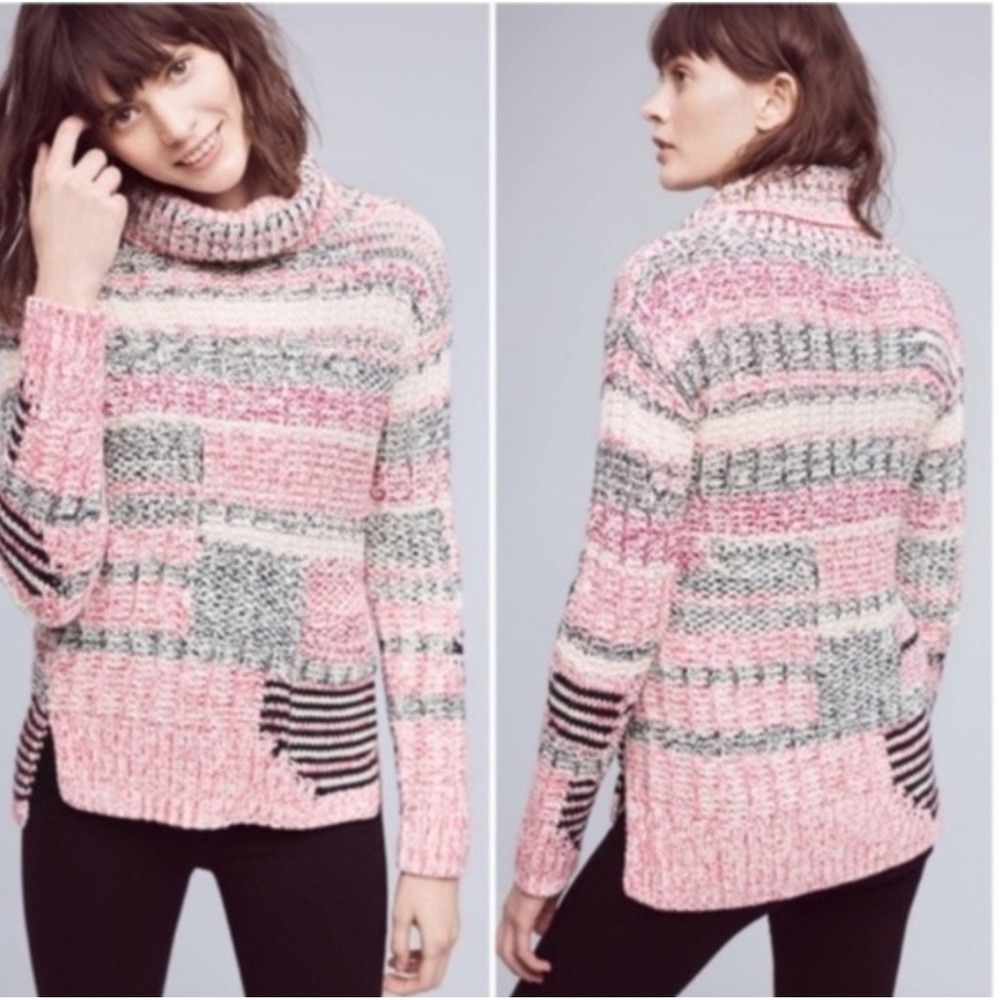 Sparrow Anthropologie Alma Turtleneck Sweater Pink Black Mixed Knit Cotton L